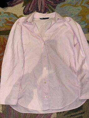 Zara Light Pink Striped Button-Down Oxford Shirt